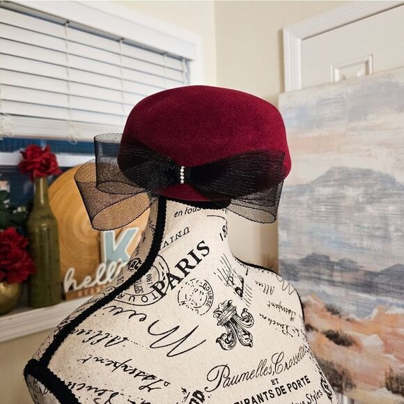 VTG Retro Wool Felt Mesh Bow Accent Pillbox Stylish Beret Hat. - Picture 11 of 15